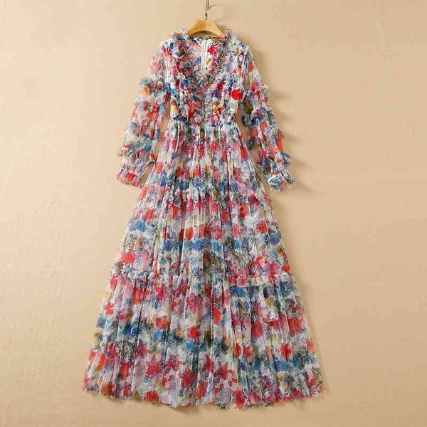 

casual dresses xxl double-layer gauze net large swing long skirt women's spring 2022 v-neck nail bead print waist dress xue5, Black;gray