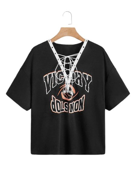 

plus letter graphic lace up tee q3qt#, Black