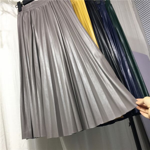 

women pu halflength retro highwaisted slim organ leather pleated long skirt female y200326, Black