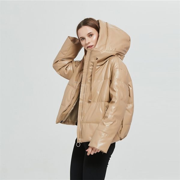 

2020 brand new winter women's pu leather jacket fashion hooded collar windbreaker outwear xsl thick warm leather parkas coat t200828, Black