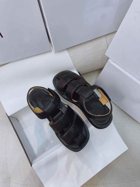 

fashion-summer fairy style retro leather sandals female outer wear flat toe capped roman shoes thick bottom hollow, Black