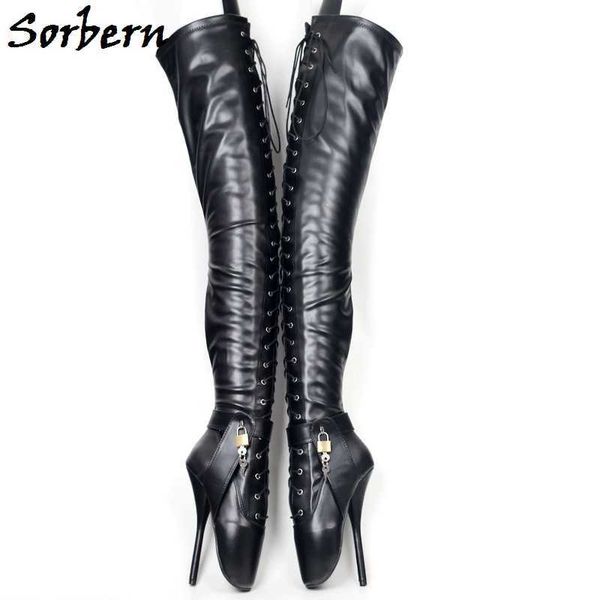 Sorbern Custom Промежность бедра высокие сапоги Унисекс балетные высокие каблуки запираемые лодыжки ремни перетащить королеву BDSM сапоги крайние долго