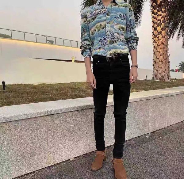 

men's jeans "advanced version" self washing high street basic cow four side elastic tight folded feet diy wrinkled jeans, Blue
