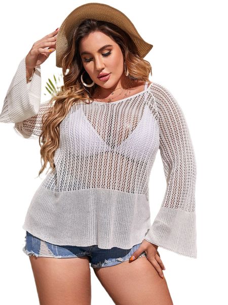 

plus pointelle knit tie back sweater without bra k2qh#, Black