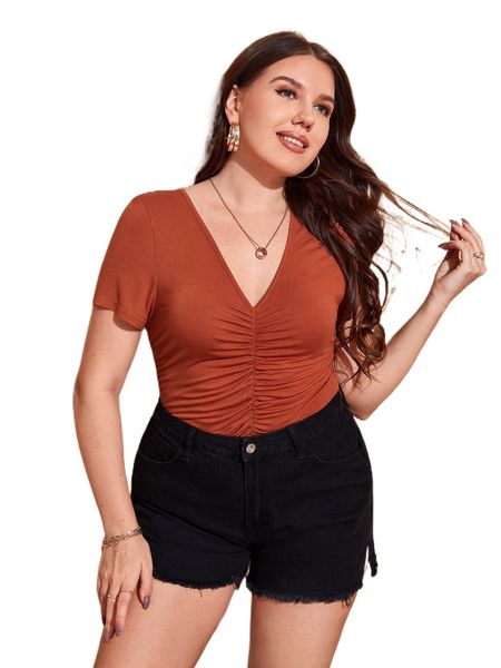 

plus solid ruched v neck tee g3k7#, Black