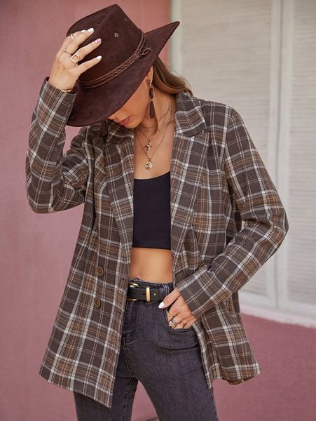 

rusttydustty plaid print lapel neck blazer j57f#, White