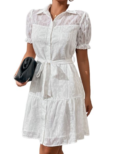 

puff sleeve belted jacquard shirt dress k3f8#, Black;gray
