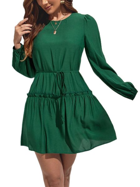 

solid frill trim belted dress k43g#, Black;gray