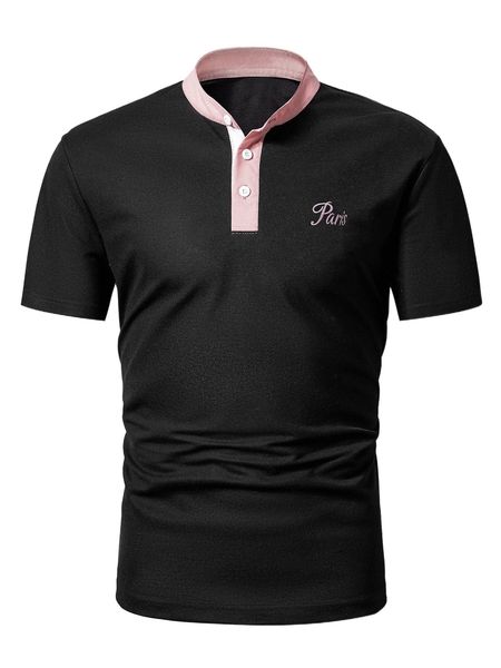 

men letter embroidery contrast collar polo shirt l3ba#, White;black