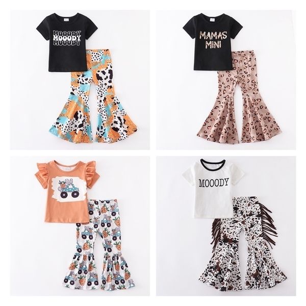 Girlymax Sommer Baby Mädchen Kinder Kleidung Boutique Bunny Leopard Kurzarm Top Schlaghosen Flare Hosen Set Outfits 220509