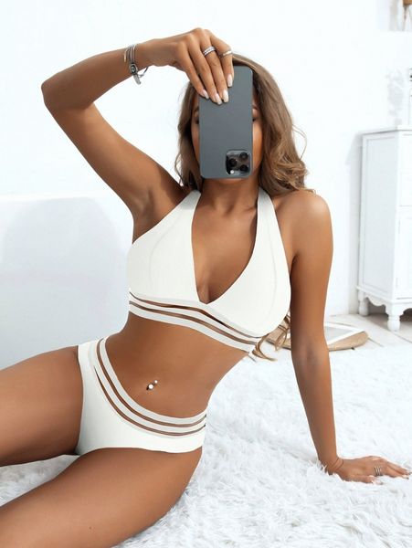 

contrast mesh halter bikini swimsuit q0hw#, White;black