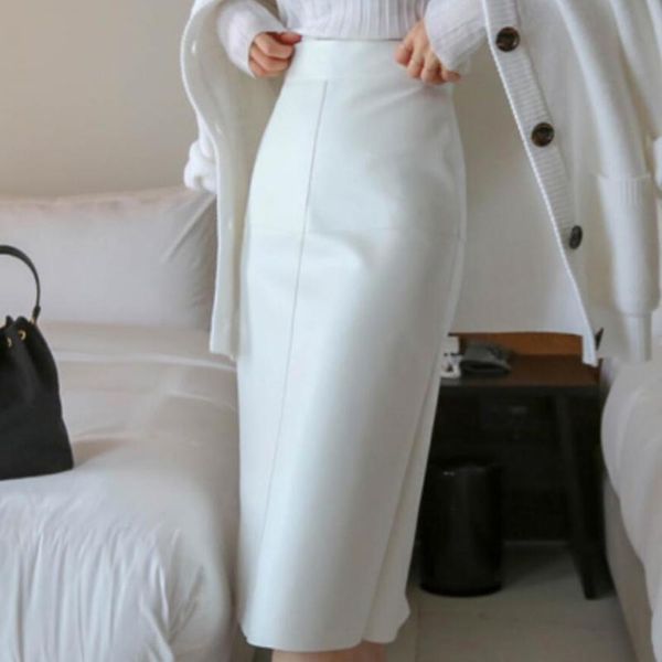 

spring autumn ol elegant pu pencil skirt women white high waist package hip step skirt y200910, Black