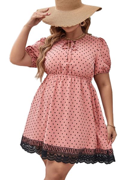 

plus swiss dot contrast guipure lace tie neck puff sleeve dress 608r#, Black