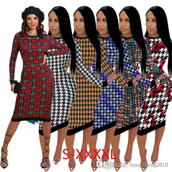 

women long maxi dresses designers plus size clothes fashion long sleeve crew neck houndstooth print slim sweater ladies casual dress, Black;gray