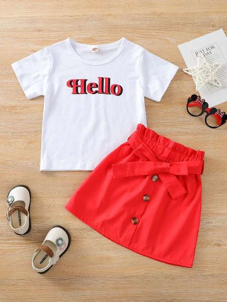 

little girl letter design t-shirt with belt paper bag skirt she, White