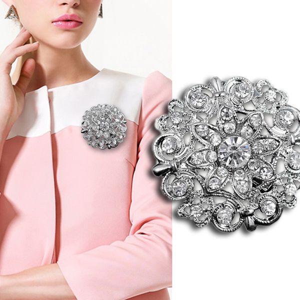 

jewelry silver tone alloy rhinestone crystal vintage look flower wedding cake brooch, White