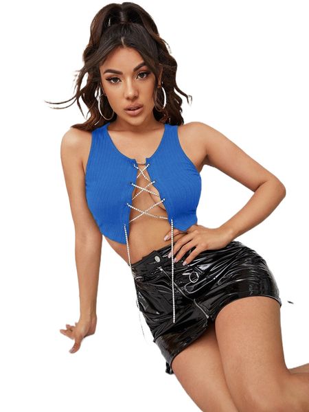 

rhinestone lace up front rib-knit tank k9ly#, White