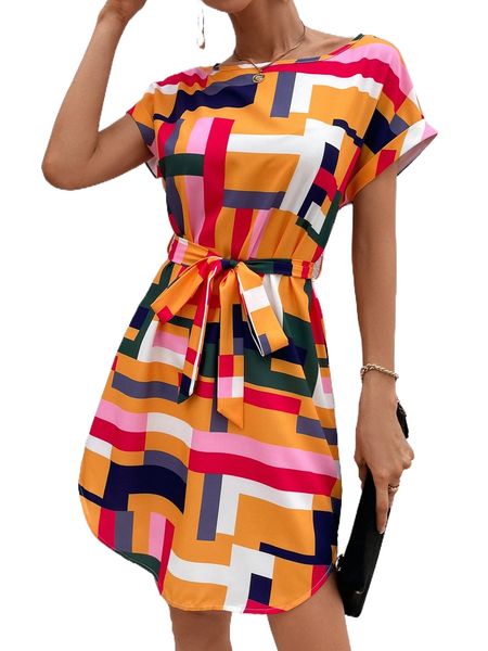 

geo print batwing sleeve curved hem belted dress z7aq#, Black;gray