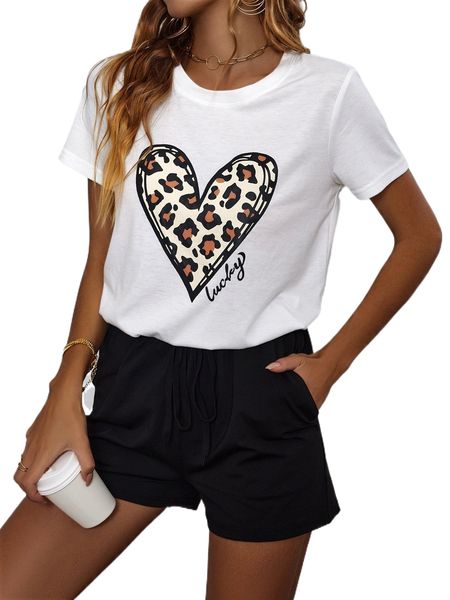 

leopard & letter graphic tee & tie front shorts q106#, White