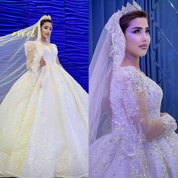 Abiti da sposa di lusso con scollo a O e perline Abiti da sposa Perline Vestido de Noiva Abito da sposa arabo Dubai a maniche lunghe in raso