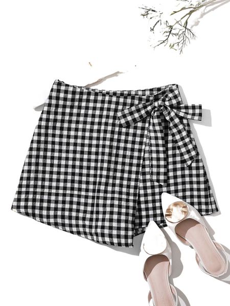 

gingham self-tie skorts g5ea#, White;black