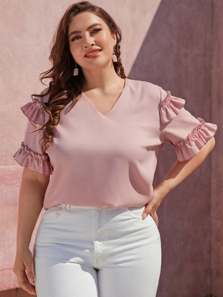 

plus ruffle trim flounce sleeve blouse p8tm#, Black