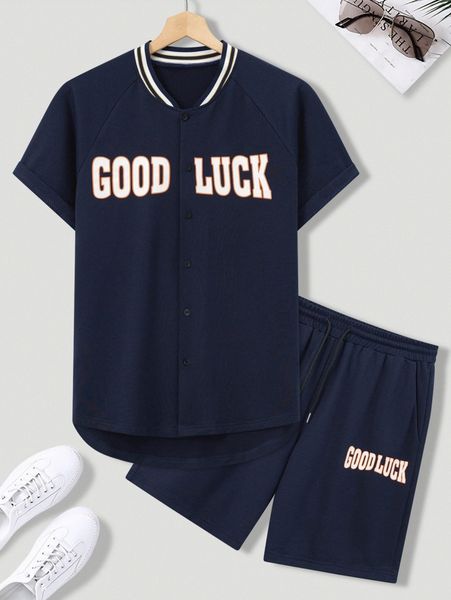 

men letter print baseball collar shirt & shorts p199#, Gray
