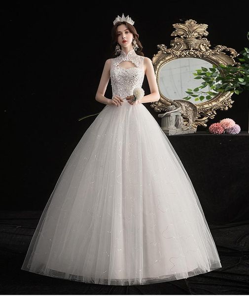 Outros vestidos de noiva vestido de pescoço de estilo chinês vintage Apliques de tule lantejam