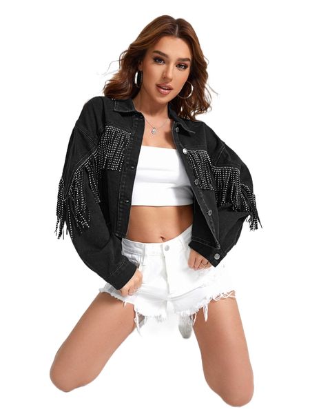 

fringe trim drop shoulder denim jacket n1wk#, Black;brown