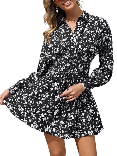

floral print lace up front dress n40s#, Black;gray
