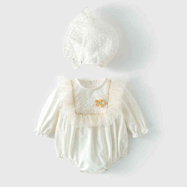 Koki Bebek Kız Romper Çiçek Beyaz Kore Stil Uzun Kollu Beyaz Sevimli Güzel Güzel Tulum Şapka Vetement Bebe Fille G220510