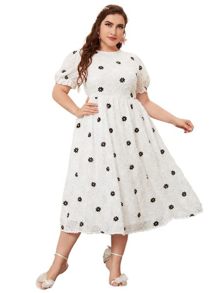 

plus 1pc floral embroidered puff sleeve fuzzy dress q8km#, Black