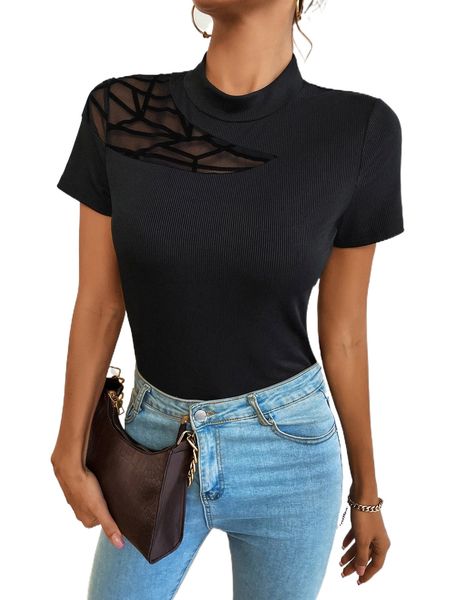 

rib-knit contrast mesh stand collar tee w2eo#, White