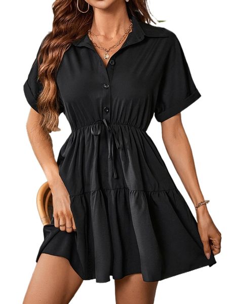 

batwing sleeve knot front ruffle hem shirt dress q6rx#, Black;gray