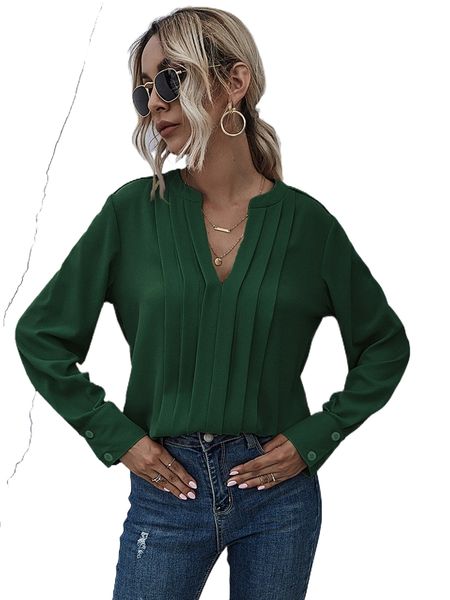 

notched neck pleated decoration blouse u4el#, White
