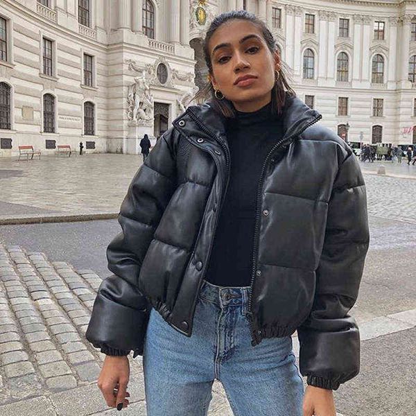

women's winter jacket thick warm short parkas fashion black pu leather coat women elegant zipper cotton jackets female ladies l220728