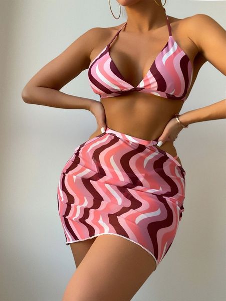 

3pack fluid pattern triangle bikini swimsuit & beach skirt q9fy#, White;black