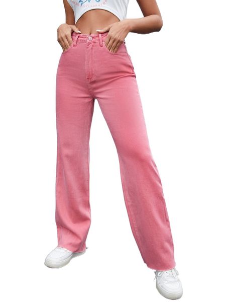 

washed raw hem straight leg jeans 18ti#, Blue