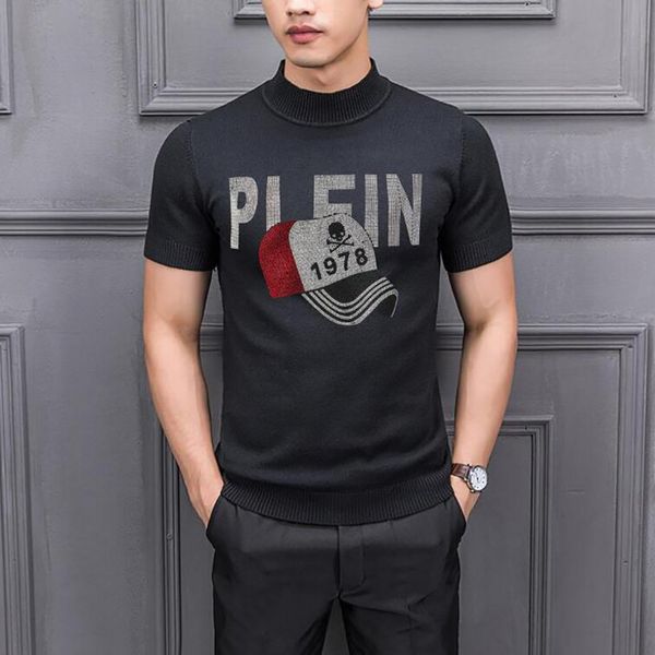 

new rhinestone short sweater men's all-match handsome round neck 2022 streetwear sweater, White;black