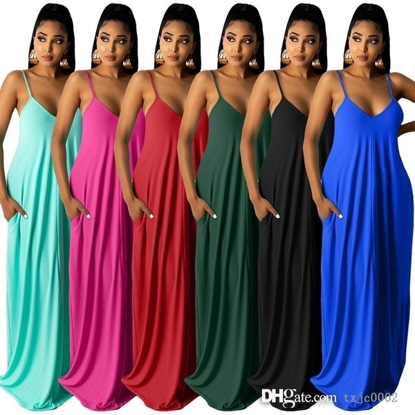 

summer women casual loose dresses designer sling one piece skirt long maxi dress with pocket ladies plus size clothing, Black;gray