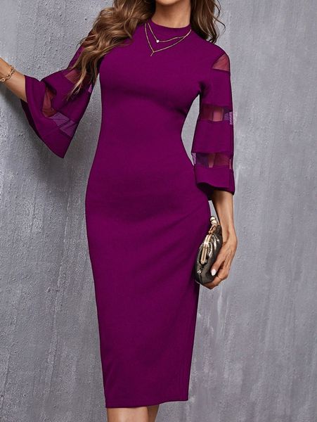 

solid contrast mesh sleeve split hem fitted dress w7l8#, Black;gray