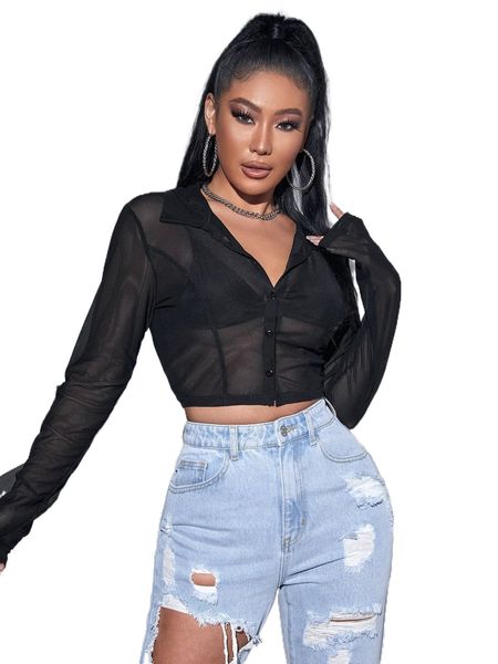 

sxy drop shoulder crop mesh blouse l3sx#, White