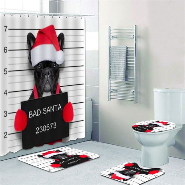 Lustiger böser Weihnachtsmann, französische Bulldogge, Duschvorhang, Tierhunde, Weihnachten, Badezimmer für Badewanne, Toilettenmatten, Haustier, Weihnachtsgeschenk, Dekor 220429
