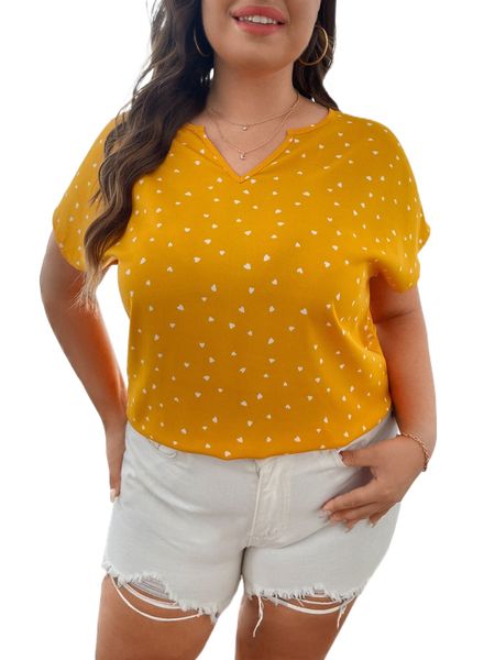 

plus all over heart print notched neck blouse t9l2#, Black