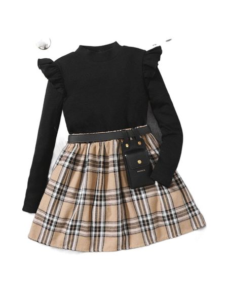 

girls ruffle trim tee & plaid skirt without belt w7ax#, Black;white