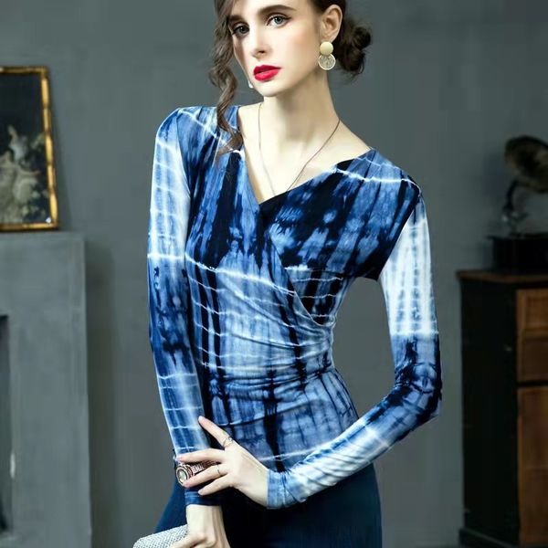 

women's t-shirt cross v-neck long sleeved blouse temperament small shirt four seasons new pattern external wear bottomed shirt dyed, White