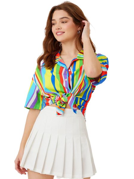 

rainbow striped print drop shoulder blouse e75r#, White