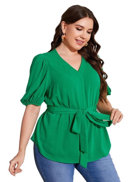 

plus puff sleeve belted blouse j3qe#, Black