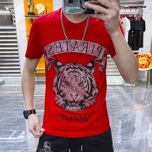 

2022 summer fashion brand t shirt slim-fit benming year men's red tiger head printing diamond plus size, White;black