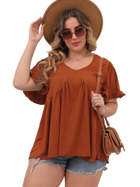 

plus frill trim puff sleeve peplum blouse 57cu#, Black